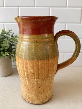 Vintage Studio Pottery Pitcher Signed Artisan Stoneware Earth Tone Rustic Vase